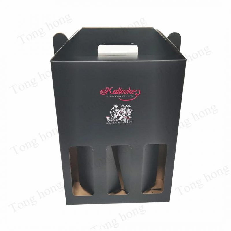 Custom Cellophane Wine Bottle Gift Paper Corrugated Packaging Carton Box with Paper Handle