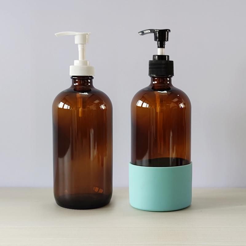 Topsale 500 Ml 16oz Amber Boston Shampoo Bath Lotion Alcohol Liquid Glass Dispenser Soap Pump Bottle