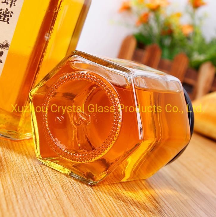 Hexagonal 500ml Glass Honey Jar with Screw Metal Lid