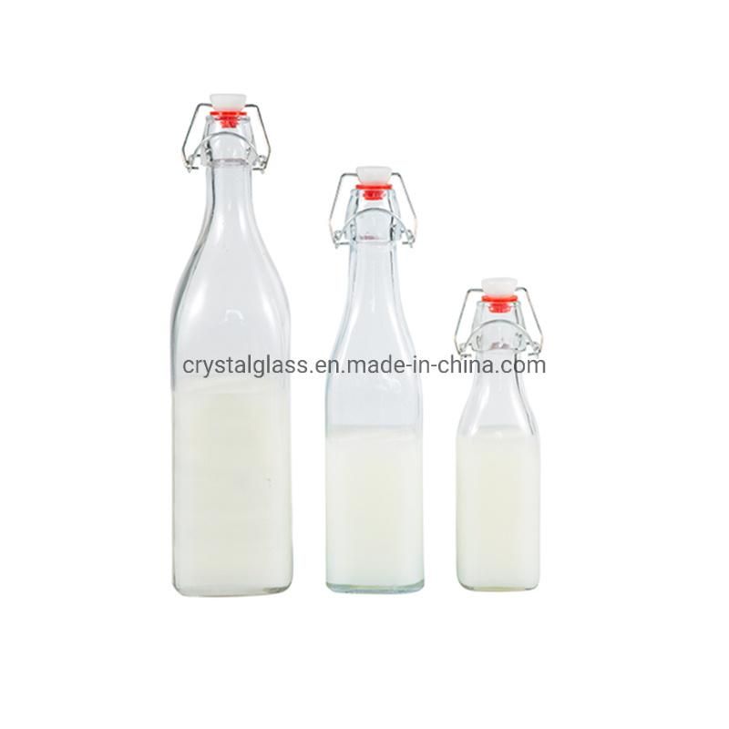 250ml 500ml 980ml Square Shape Recycled Eco Friendly Clear Swing Top Glass Soft Drink Bottle