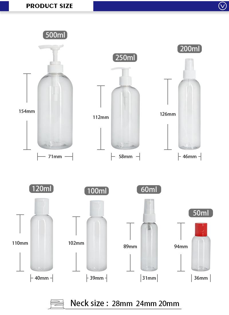 High Quality Multiple Capacity Cosmetic Pacakging Pet Round Shoulder Transparent Spray and Lotion Plastic Bottle