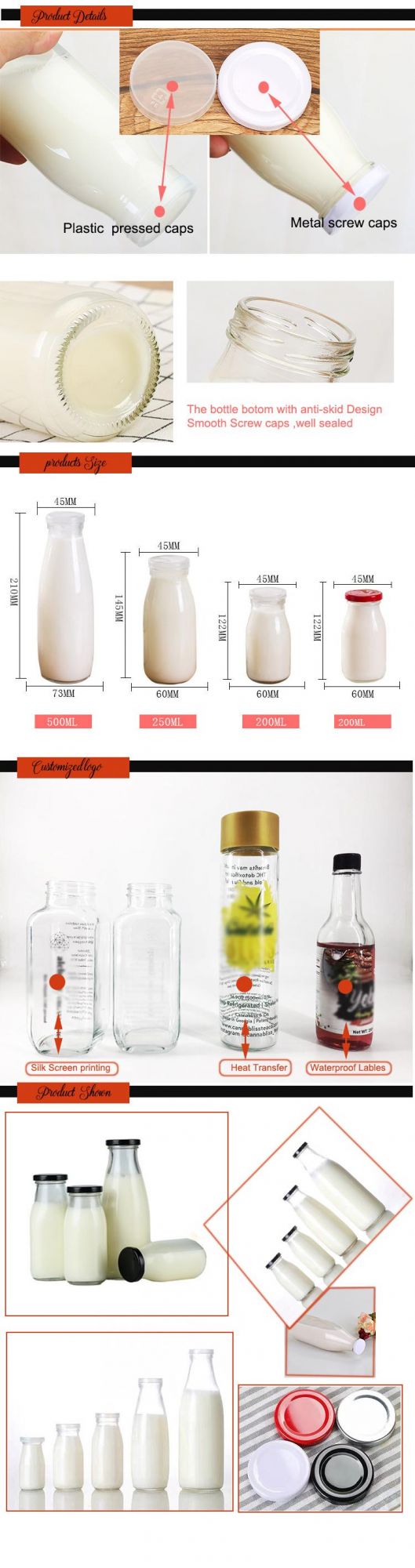 250ml 320ml 500ml 950ml Screen Printing Custom Design Milk Bottle with Screw Lid Glass Bottle