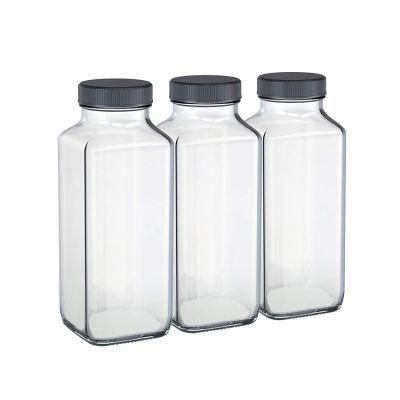 Wholesale Empty French Square 16oz 500ml Fresh Juice Milk Glass Bedverage Bottle with Aluminum Lid or Plastic Lid