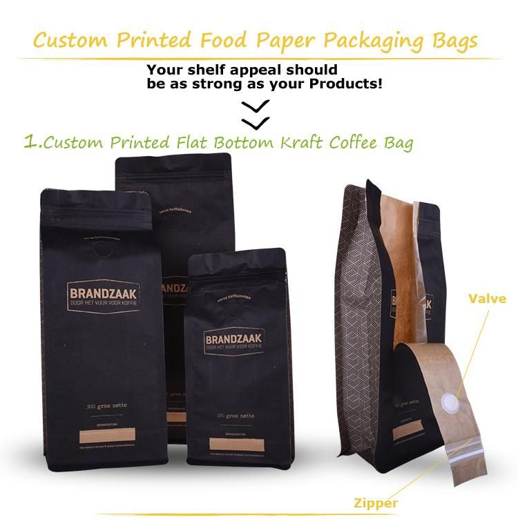 Biodegradable Custom Printed Flat Bottom Front Zipper Black Kraft Paper Food Coffee Bean Packaging Bag