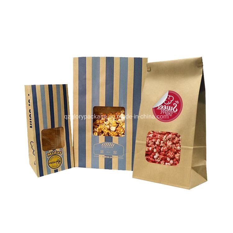 Flat Bottom Resealable Stand up Brown Dessert Kraft Paper Pouch Tin Tie Coffee Bean Snack Packaging Bag with Window