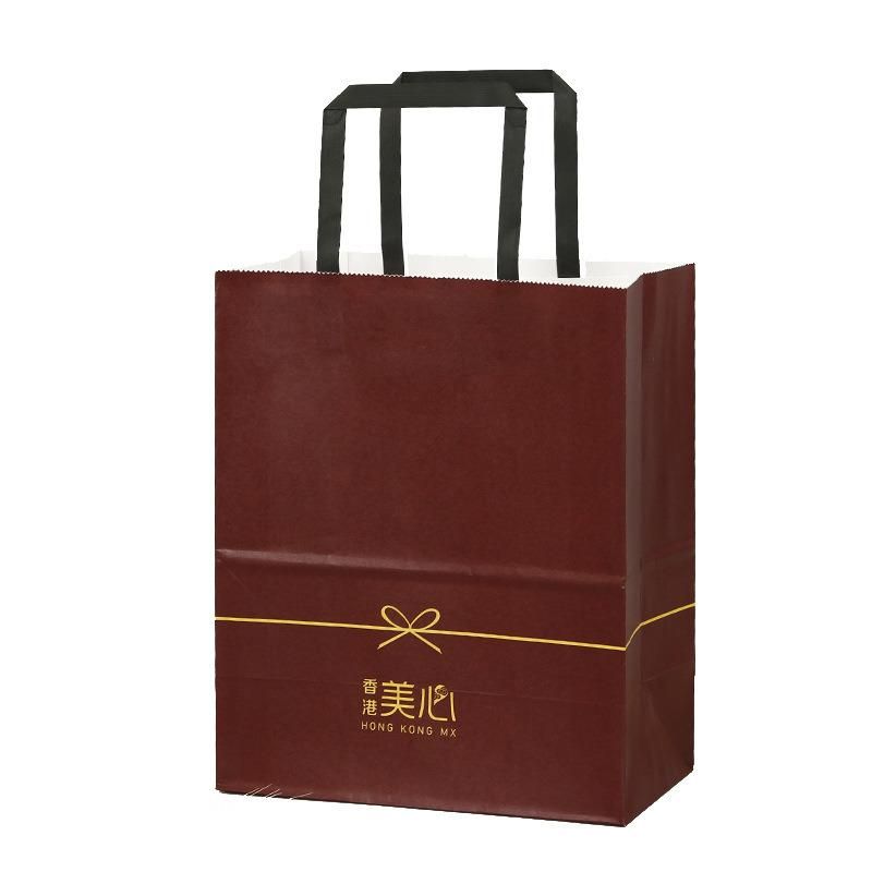 Catering Take-out Packaging Brown Kraft Paper Restaurant Advertisements Handle Bag with Custom Printed Logo