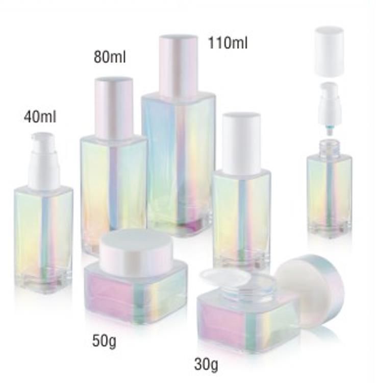 New Holographic UV Coating Square Glass Lotion Bottle with Plastic Pump and Holographic Lid