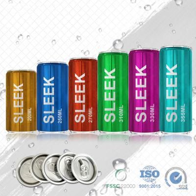 Standard Sleek Slim Stubby Easy Open Wholesale Empty Logo Printed Soft Drinks Aluminum Beverage Can with 202 Cover