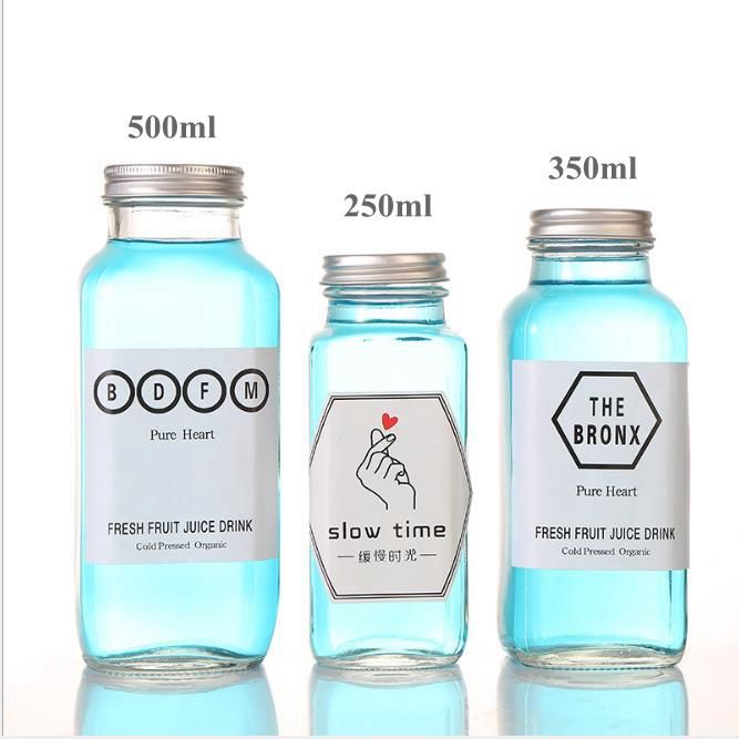 250ml 350ml 500ml 8oz 10oz 16oz Plastic Cap French Square Milk Clear Glass Bevera Bottle for Fresh Cold Pressed Juice