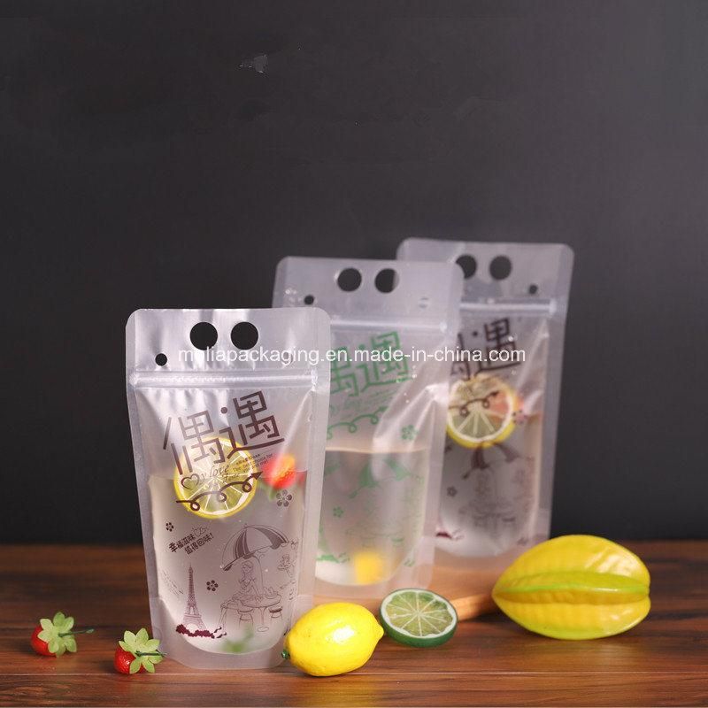 Beverage Pouch with Plastic Hand-Held Clear Frosted Reclosable Zipper Stand up Juice Drink Bag