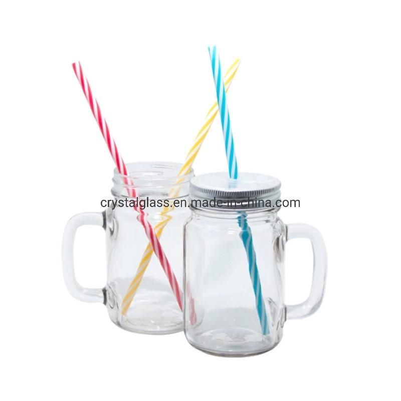 16oz Regular Mouth Glass Drinking Mason Jar with Handle Straw