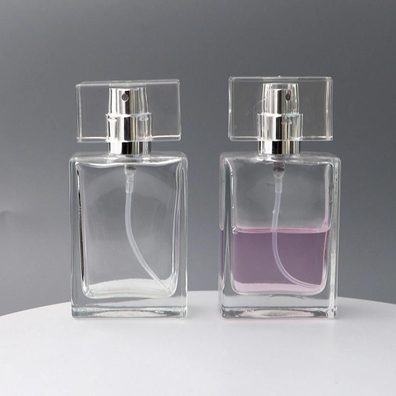 25ml 50ml Square Flint Perfume Atomizer Refillable Glass Empty Spray Applicator Clear Bottle with Acrylic Cap for Travel