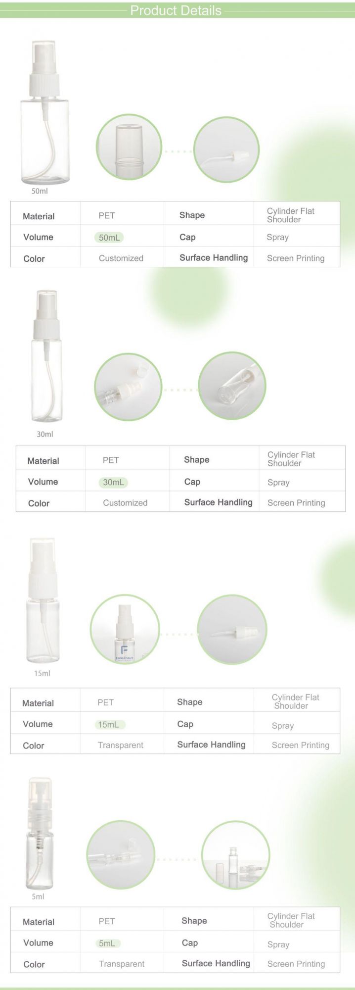 Pet Spray Bottle Plastic Bottle with Pump Head 15ml 30ml