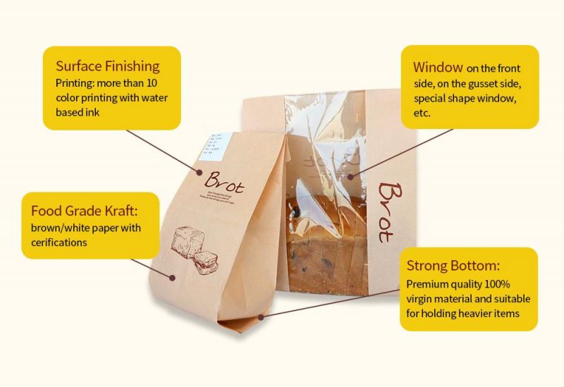 Donut Bagutte Sandwich Toast Packaging Kraft Paper Bag with Window