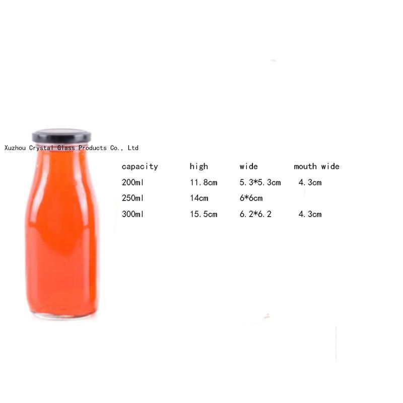 200ml 250ml 350ml Milk Botttle Tea Bottle Glass Bottle with Metal Caps