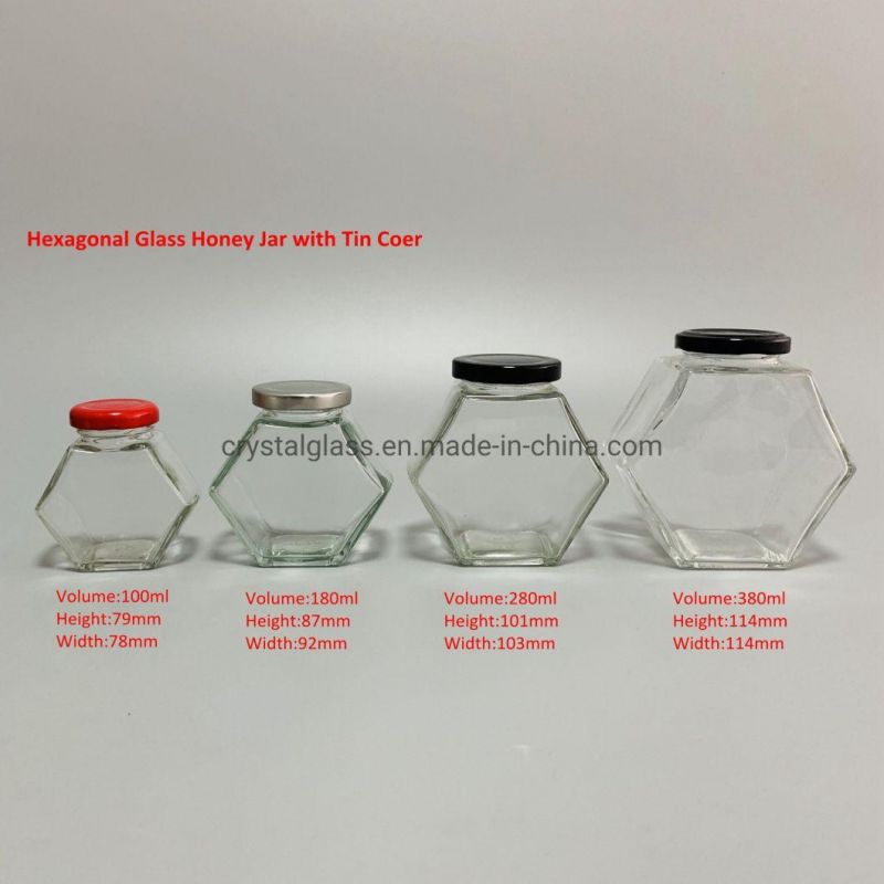 Hot Sale Bee Honey Packaging Bottle 220ml Clear Flat Hexagon Glass Jar with Muddler