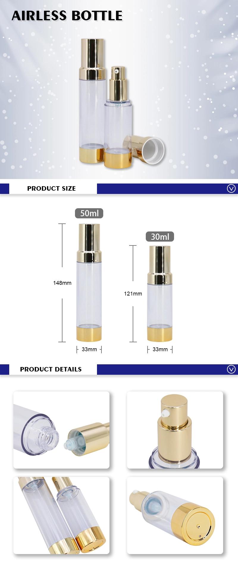 Cosmetic Packaging Eco Friendly Transparent 50ml 30ml Airless Pump Bottle with Golden Effect