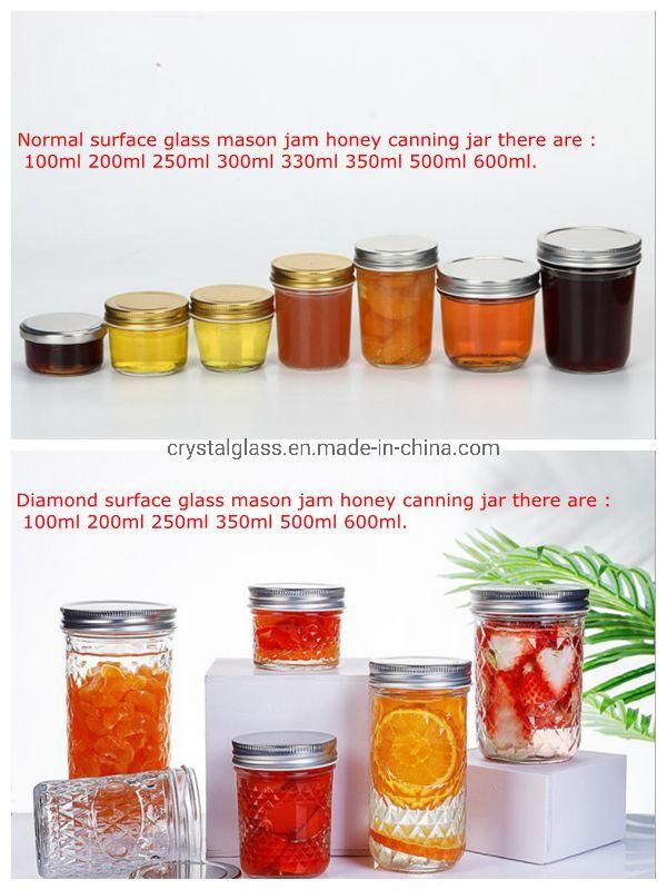 16oz Embossed Diamond Pattern Glass Mason Jar Food Honey Packing Jar Customized Color Caps