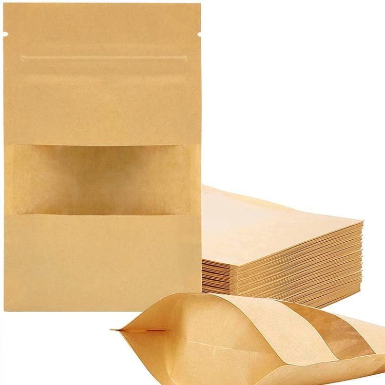 Biodegradable Recycled Mill Customized Stand up Pouches Brown Kraft Paper Bags with Translucent Window