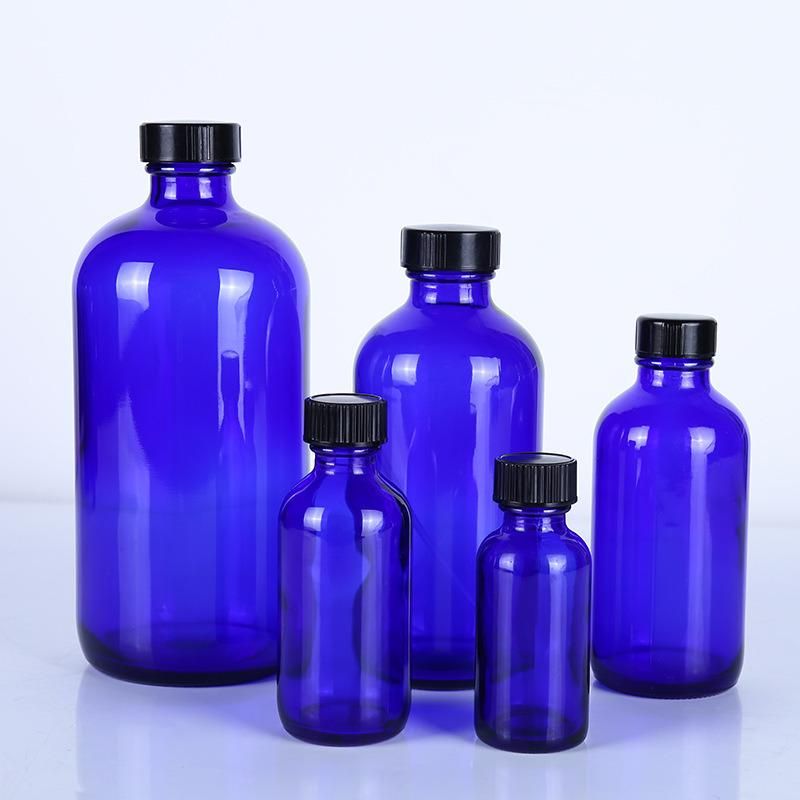 Blue Boston Round Empty Glass Dropper Medicine Cosmetic Bottle with Black Cap