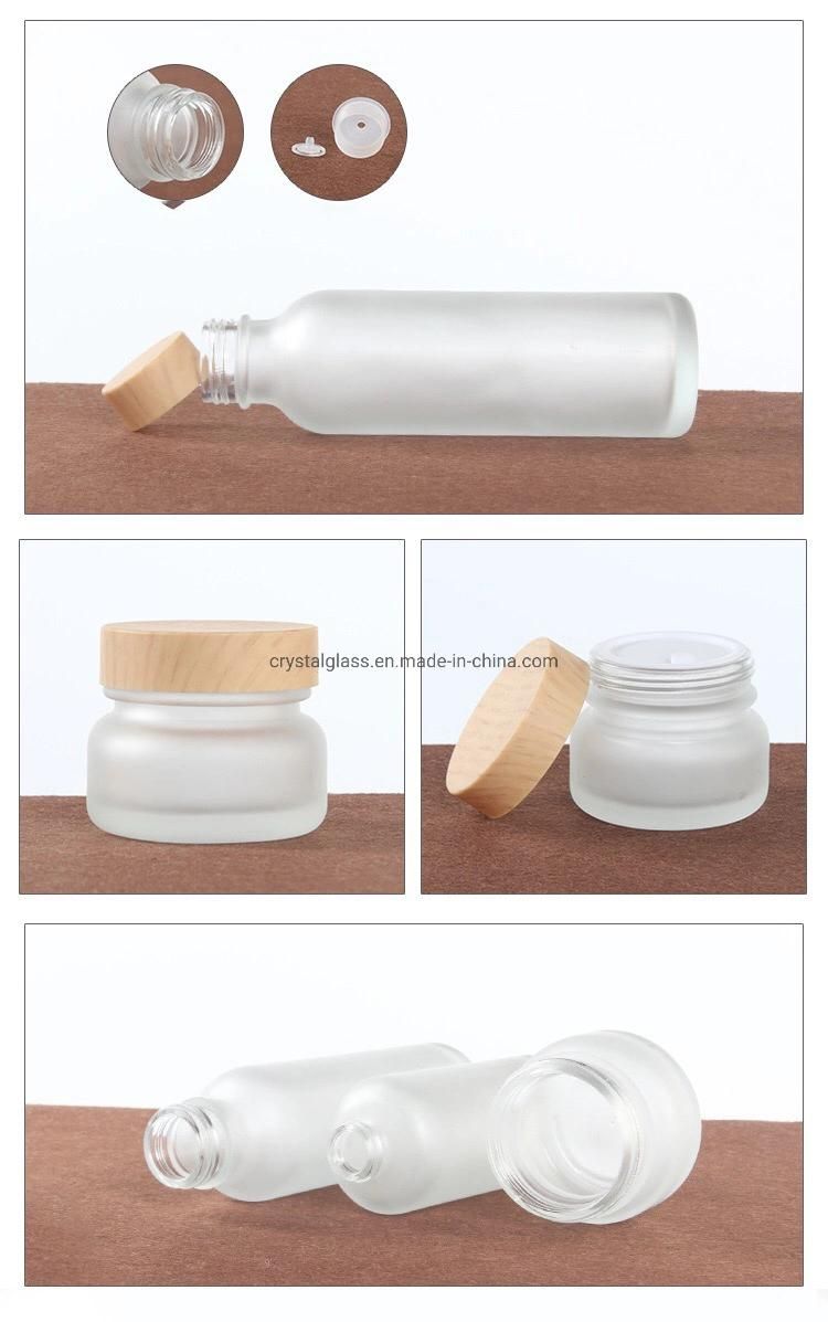 Cosmetic Packaging Bottle with Wooden Caps in Forsted Glass Set