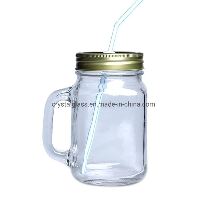 16oz Hot Sale Empty Fruit Juice Water Glass Mason Jar with Handle and Straw Customized