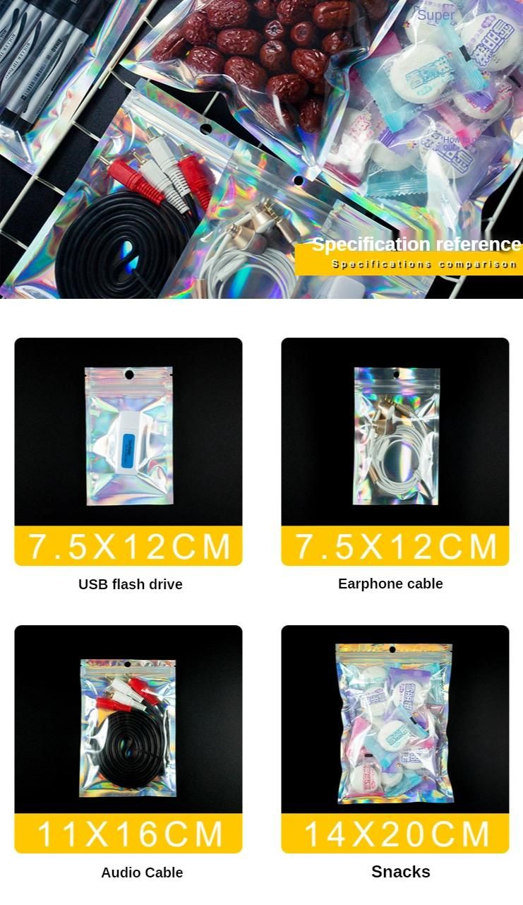 Holographic Rainbow Flat Clear Ziplock Food Storage Bags Plastic Packaging Foil Bags