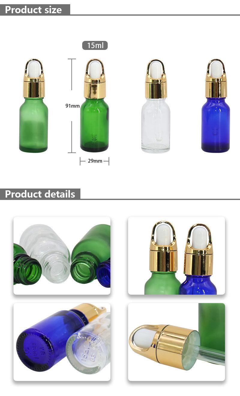 Green Glass Essentail Oil Bottle Cosmetic Dropper Bottle OEM 15ml with Golden Cap