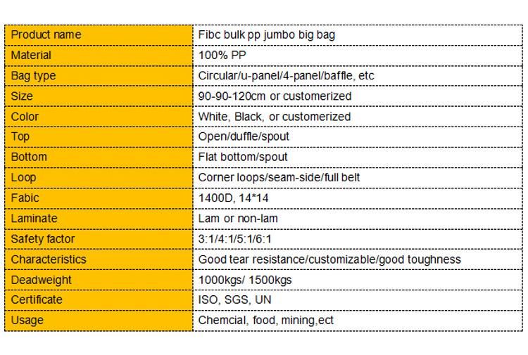 FIBC 1 Tonne Bag Cement Big Bag Capacity 1000kg Jumbo Bag