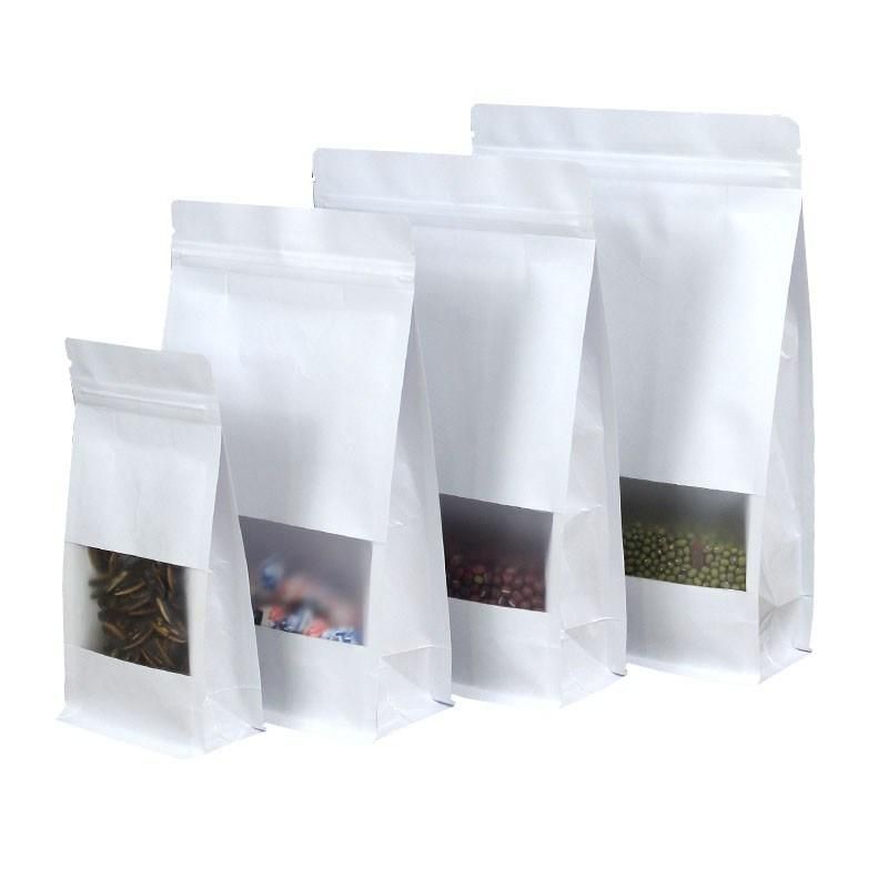 Wholesale Food Packaging Doypack Stand up Pouch Plain Brown Kraft Paper Bag with Clear Window and Zip Lock for Tea Snack