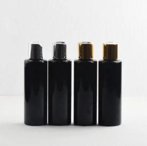 150ml Pet Plastic Flat Shoulder Shiny Black Color Cosmetic Shampoo Bottle with Gold and Silver Press Cap