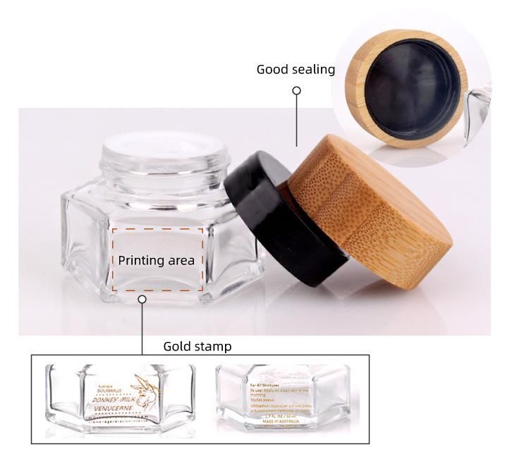50g Hexagonal Glass Jar for Facial Collagen Mask Face Cream Cosmetic Jar with Bamboo Lid