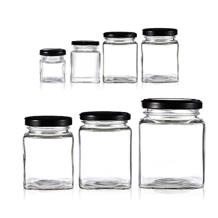 Custom Logo Clear Food Storage Honey Square Glass Jars Jam with Screw Metal Lid