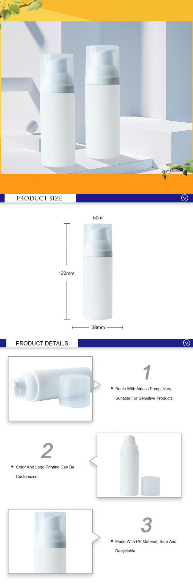 50ml PP Round Plastic Liquid Bottle Cosmetic Packaging Airless Lotion Bottles