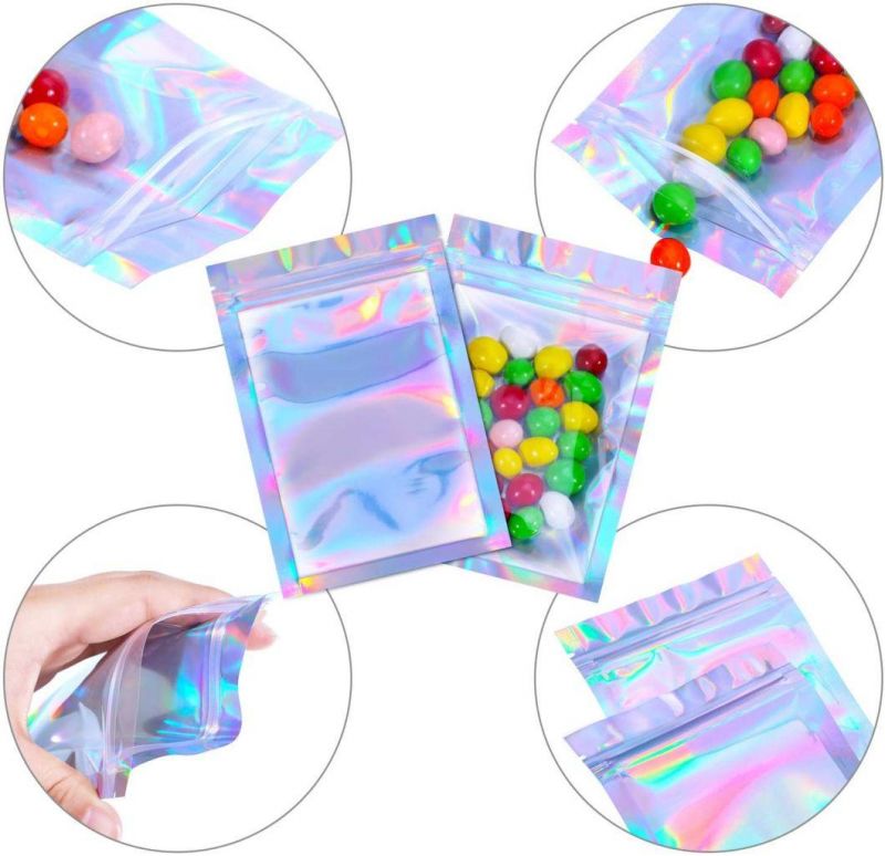 Smell Proof Food Storage Clear Front Packaging Hologram Holographic Rainbow Color Resealable Ziplock Zipper Mylar Bags