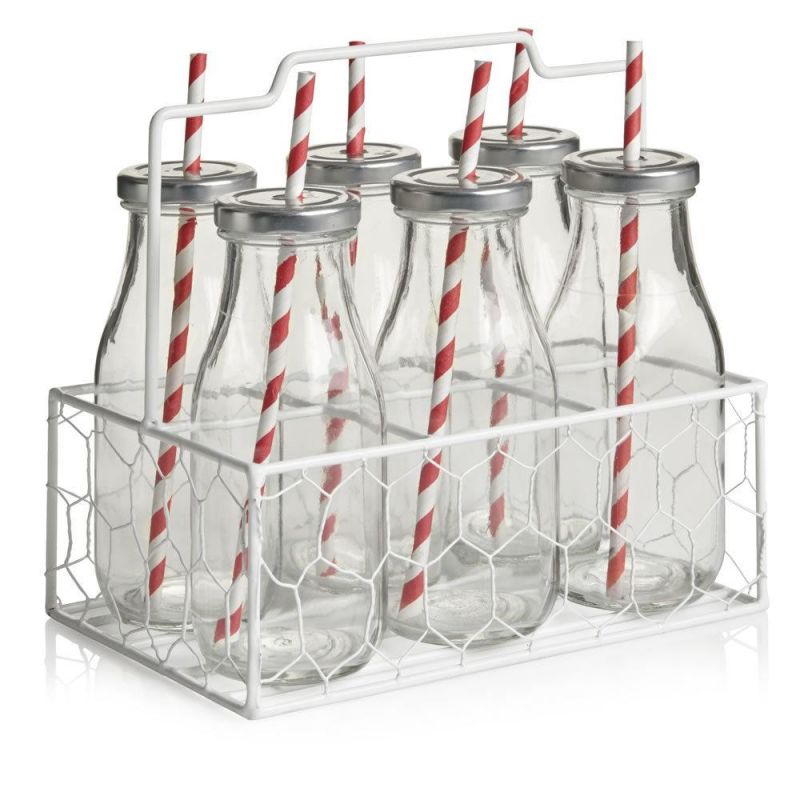 Packaging Milk Glass Bottles Sets with Metal Basket Handle