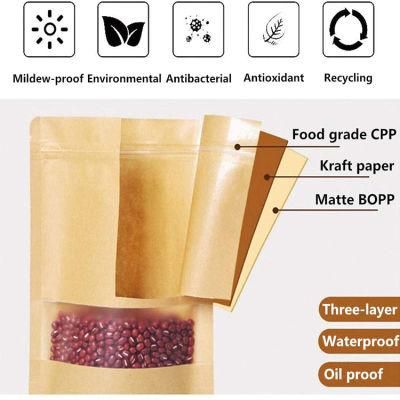 Stand up Brown Kraft Paper Resealable Ziplock Heat Sealable Food Storage Doypack Pouch Packet with Matte Window