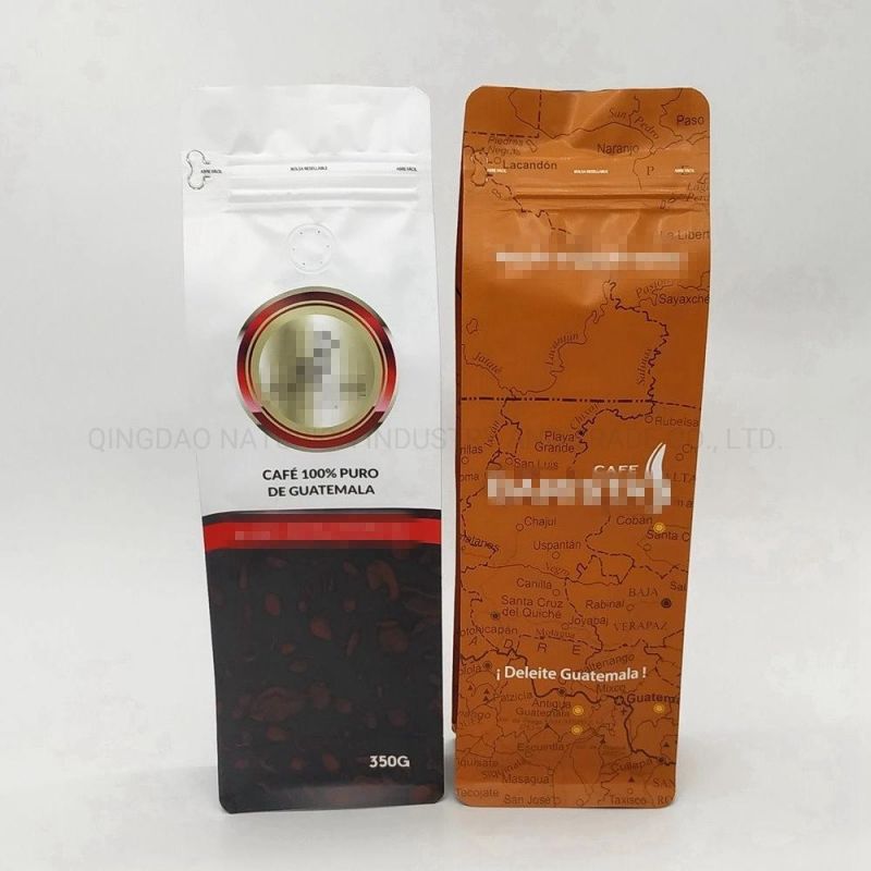 Food Grade Laminated Stand up Zipper Pouch Flat Bottom Packaging Bag with Valve for Coffee Bean