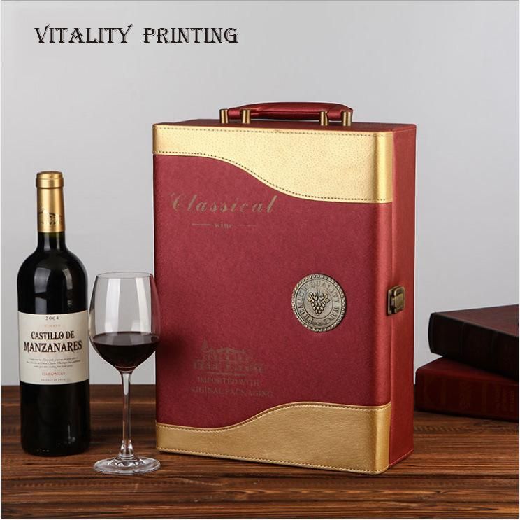 Custom Wholesale Embossed Handle Portable Hot Stamping Heat Transfer Wooden PU Leather Wine Gift Packaging Rum Brandy Gin Vermouth Whisky Liquor Packing Box