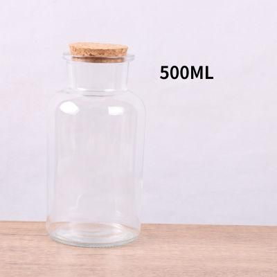 60/125/250/500/1000ml Amber/Transparent Containter with Cork Stopper Glass Bottle