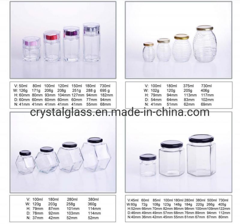 50ml 80ml 100ml 200ml 280ml 380ml 500ml 730ml Square Clear Glass Jar for Jam and Pickle with Metal Lid