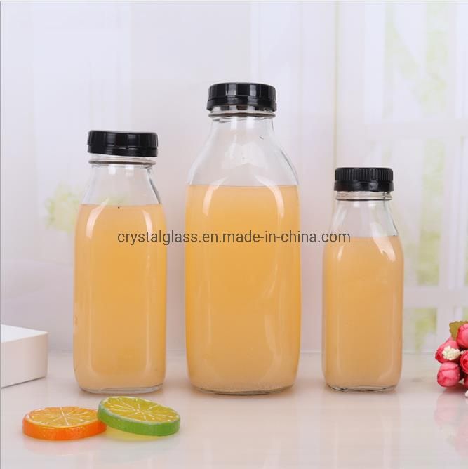 Promotion Transparent Square Fresh Milk Yogurt Glass Bottle with Plastic Pilfer Proof Cap 300ml 500ml 950ml