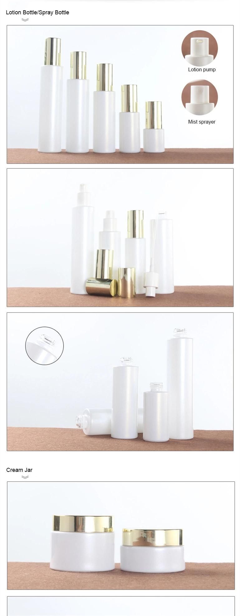 Pearl White Glass Cosmetic Packaging Set Lotion Bottle with Gold Lid