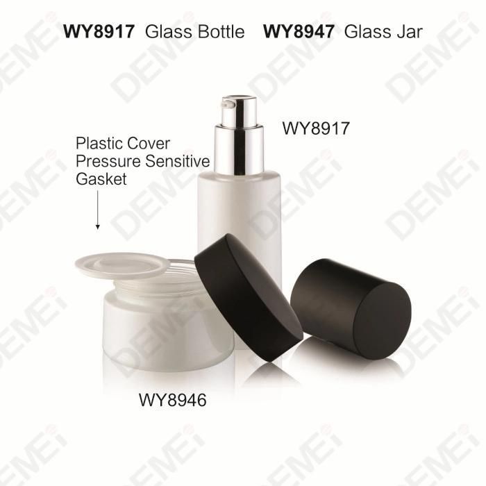 40/100/120ml 50g Cosmetic Skin Care Packaging White Straight Round Toner Lotion Glass Bottle and Cream Jar with Black Cap