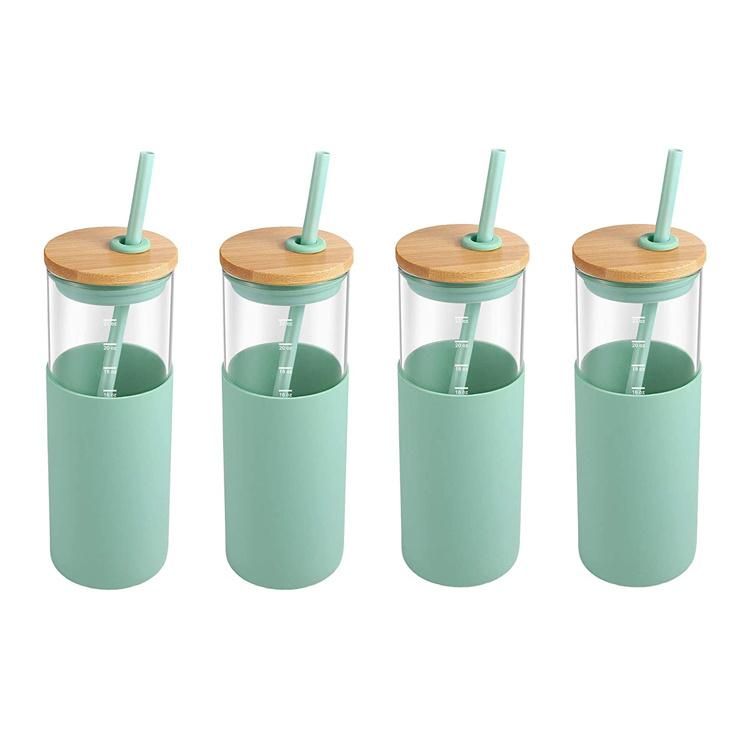 BPA Free Silicone Protective Sleeve Borosilicate Glass Water Bottle with Bamboo Lid and Straw