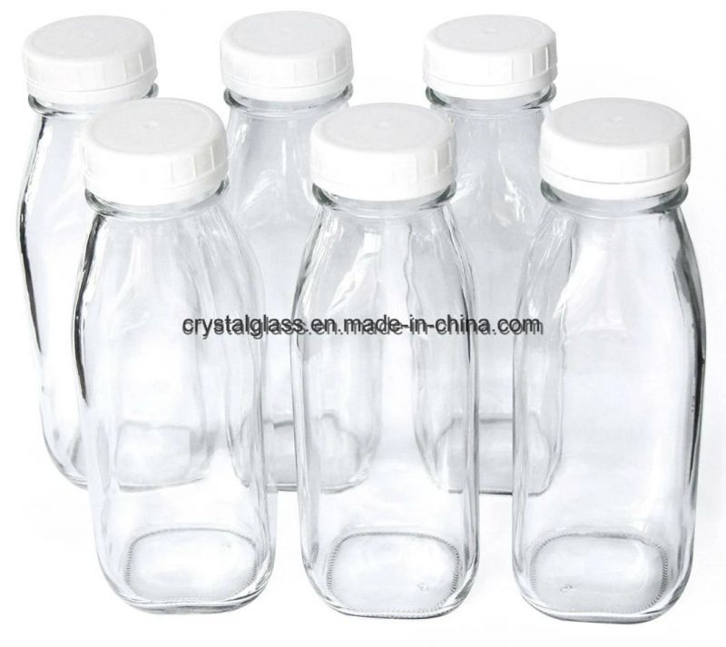 8oz 10oz 16oz Square Transparent Glass Milk Beverage Bottle with Plastic Cap