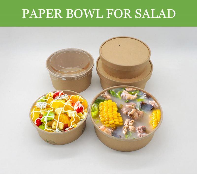 Free Sample Take Away Paper Container Salad Bowls Disposable Kraft Paper Round Bowl for Food Packaging