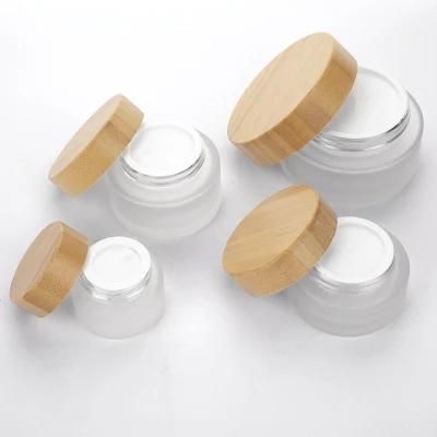 50g 15g 30g 50g 100g Luxury Frosted Cosmetics Packaging Containers Glass Cream Cosmetic Jar with Wooden Bamboo Lid