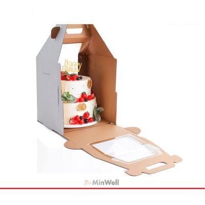 Minwell White Tall Cake Box with Clear Window for Tier Cakes, Corrupted Paper Packaging Box, Safe Transport for 1 and 2 Tiered Layer Wedding Cake