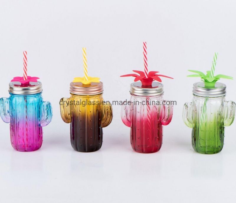 15oz Wholesale Cactus Decoration Colors Glass Mason Jar with Handle for Beer Juice Water Drinking Mugs